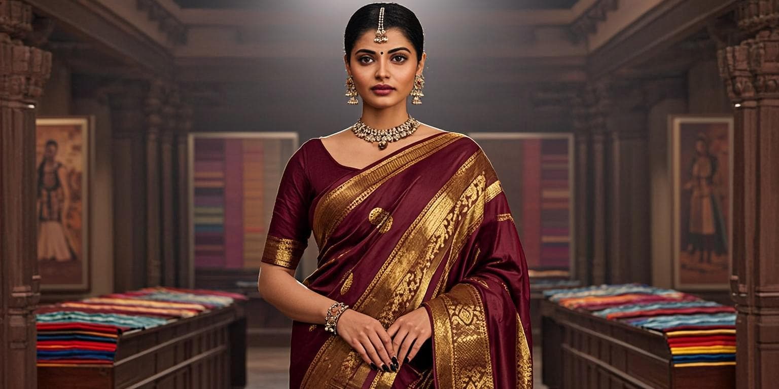A woman draped in a rich Kanchipuram silk saree at the heritage showroom