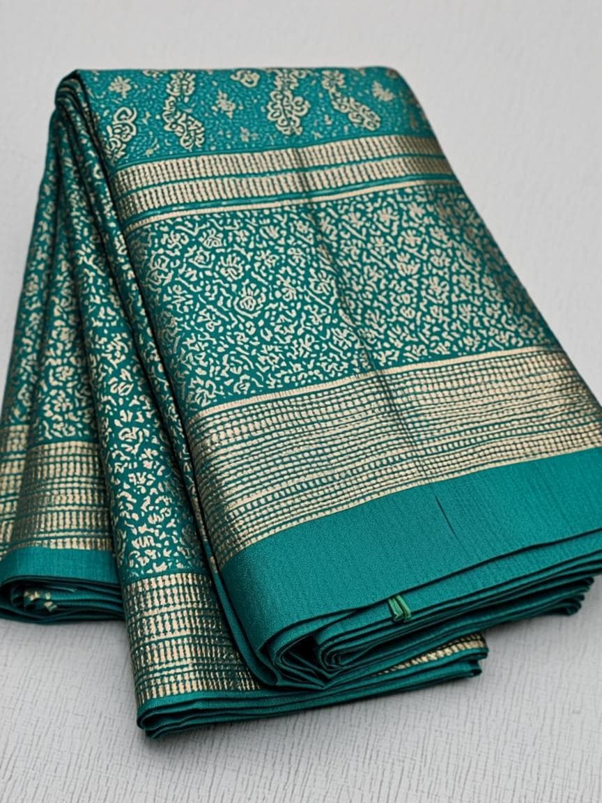 Kanchipuram silk saree with peacock blue body and gold zari border